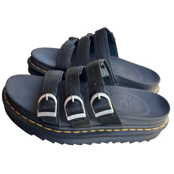 Dr. Martens Blaire Black Leather Slide Sandals Size 7 Triple Strap & Buckles - Picture 3 of 13